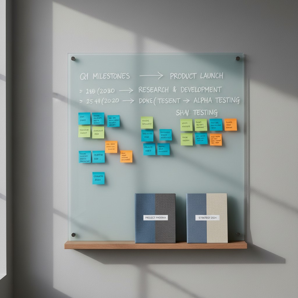 Hier is een glazen whiteboard met een planningdetail, voor het project Phoenix. Op de onderste plank liggen twee boeken di...